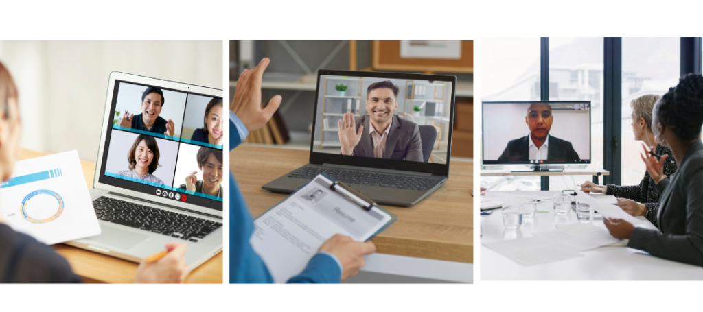 Video conferencing formality spectrum showing appropriate preparation levels for internal team calls, client meetings, and job interviews.