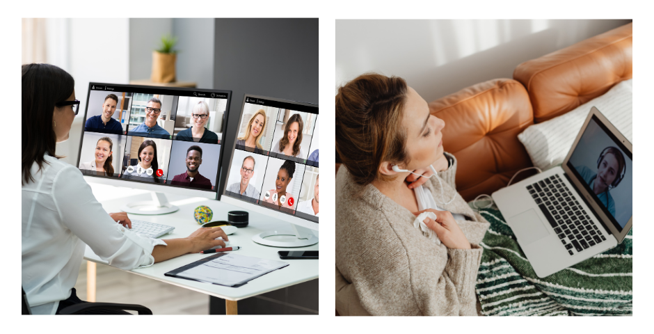 Before and after comparison of video call setup showing poor lighting and background versus professional webcam positioning and clean background.