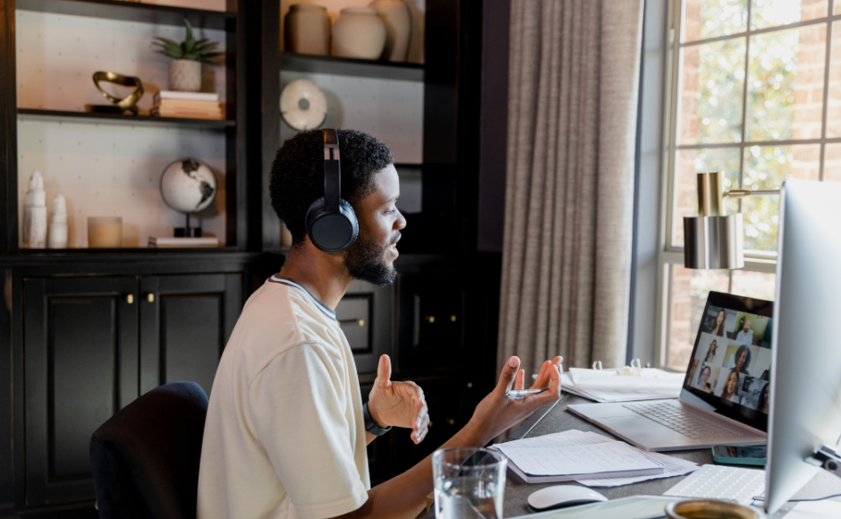 Video call body language guide showing engaged posture, appropriate eye contact, and common visual mistakes to avoid.